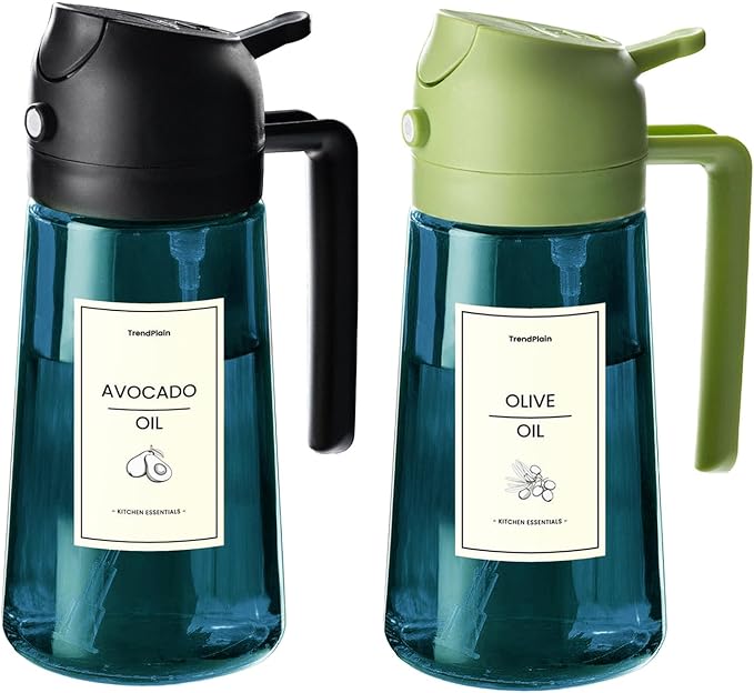 TrendPlain 16oz/470ml Blue Glass Olive Oil Sprayer for Cooking - 2 in 1 Olive Oil Dispenser for Kitchen Gadgets, Air Fryer, Salad, and BBQ - Black & Green