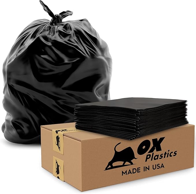 Ox Plastics 60 Gallon Trash Can Liners Bags - 50 Count Capacity & 2mil Thick Extra Heavy Duty Strength -Large Garbage, Leak-Proof & Durable Bag Black