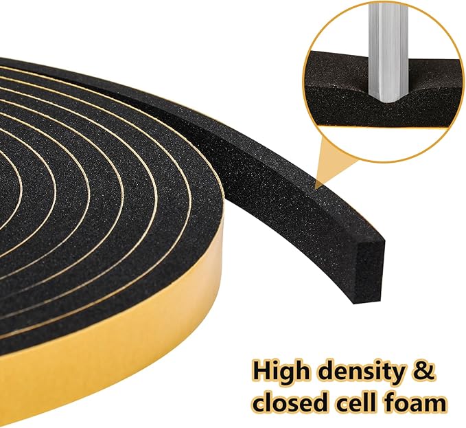 Black Weather Stripping Door Seal Strip (3/5 Inch X 1/2 Inch X 10Feet), Strong Adhesive, Lightproof, Soundproof, Weatherproof Foam Tape Insulation for Sliding Door, Front Door Frame, Windows