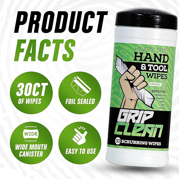 Grip Clean Heavy Duty Hand & Tool Cleaning Wipes – Waterless Hand Cleaner for Mechanics, Garage & Shop Use – Dual-Sided Grease, Oil & Paint Remover Wipes with Citrus Scent - 30ct