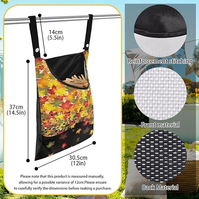 Maple Leaf Handy Laundry Clothespin Bag Holds 100 Medium-Sized Clothes Pins, Music Notes Waterproof Polyester Material, 2 Ropes for Hanging and Effortlessly Sliding on Clothesline
