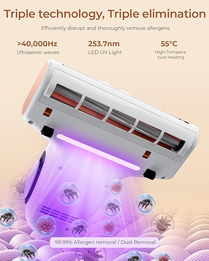 JIGOO Bed Vacuum Cleaner with Dust Sensor, Mattress Vacuum Cleaner with UV & Ultrasonic and High Heating, 13Kpa Suction 500W Powerful Double-Cup Handheld Vacuums (J300, Corded)