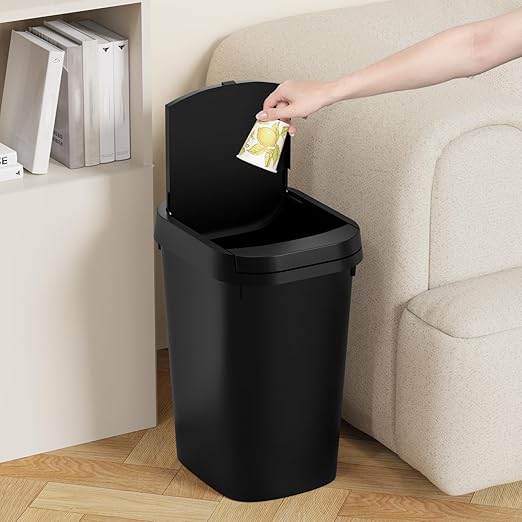 3 Pack Bathroom Small Trash Can with Lid, 2.6 Gallon Slim Garbage Bin with Pop-Up Lid, 10L Plastic Wastebasket for Bedroom, Office, Kitchen, Toilet (Matte Black)