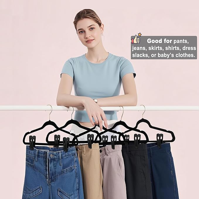 Hanger Clips Perfect for Velvet Hangers (Black, 80 PCS), Strong Plastic Clips Pant Skirt Hanger Clips for Black Flocking Felt Hangers
