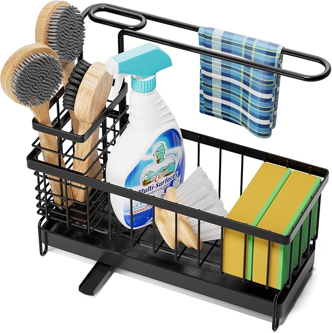 Kitchen Sink Caddy, Sponge Holder with 360 Degree Rotating Drain, Carbon Steel Organizer with High Brush Holder Rustproof, Sink Caddy Organizer for Kitchen Gadgets and Decor