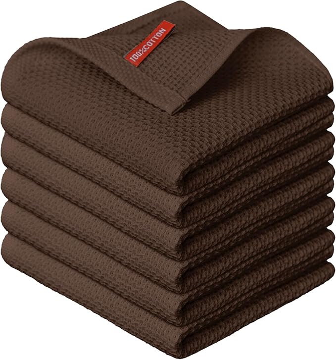 Artoid Mode 100% Cotton Dark Coffee Waffle Weave Kitchen Dish Cloths, 12x12 Inch Ultra Soft Absorbent Quick Drying Kitchen Dish Towels Set of 6