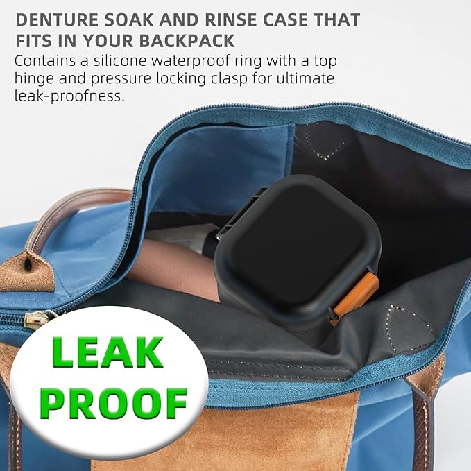 ARGOMAX Leak Proof Denture Bath Cup, Portable Soaking Denture Box, Denture Bath Case with Strainer, for Dentures and Braces (Black + Orange).