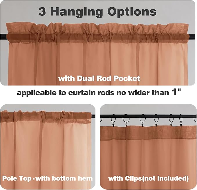 Chyhomenyc Sheer Valances for Windows 2 Pack, 42Wx14L Inches Short Valance for Living Room Bathroom Cafe Laundry Basement, Cute Orange Dual Rod Pockets Voile Valance, 1Pair