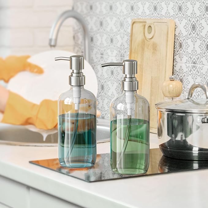 AmazerBath Soap Dispenser, 2 Pack Glass Soap Dispenser with Pump Stainless Steel, 17 Oz Hand Soap Bottles Bathroom Kitchen, Clear