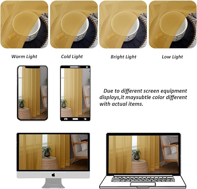 Chyhomenyc Gold Sheer Curtains 84 inches Long 2 Panels Set - Light Filtering Curtains for Living Room, Soft Gentle Voile Rod Pocket Bedroom Window Drapes, 42Wx84L Inch, 2PCS
