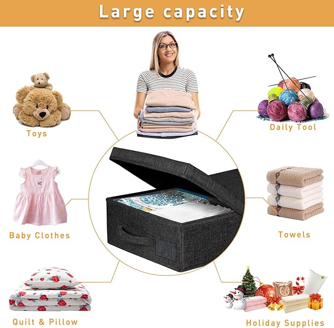 punemi Under The Bed Storage Containers 3 Pack, 6 Inch Tall Stackable Underbed Storage Bins With Handles, Closet Organizers and Storage Bins, Large Under Clothes Drawer Organizers Box For Crib, Black