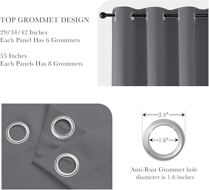 PONY DANCE Short Gray Blackout Curtains for Kitchen Over Sink 36 inch Long, Thermal Insulated Black Out Cafe RV Bunk Panels, Grommet Drapes for Bathroom Basement Small Window(2 Panels, 34 inches Wide)