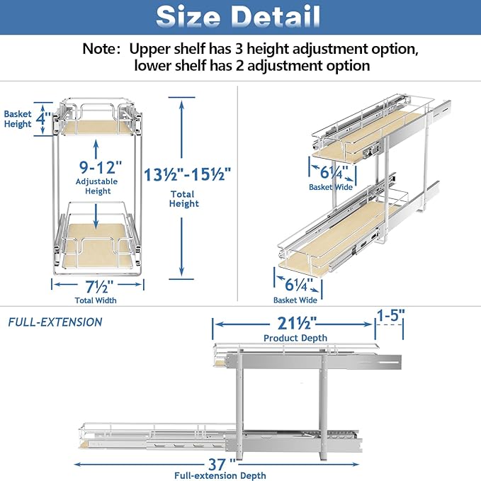 ROOMTEC 2 Tier Individual Pull Out Cabinet Organizer 7½"W x 21½"D, Slide Out Wood Shelves Organizers, Pull Out Drawers Organization and Storage for Kitchen Cabinet