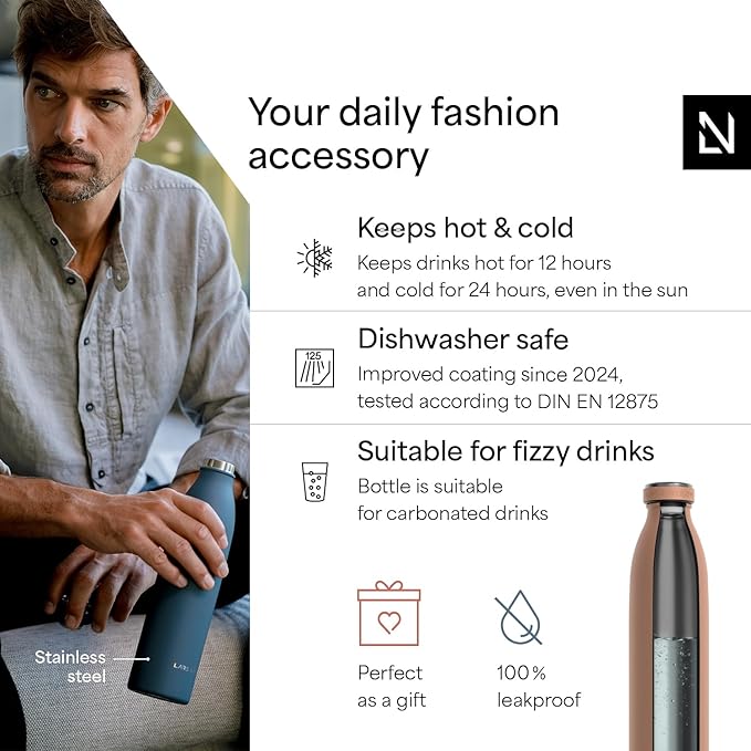 LARS NYSØM Stainless Steel Insulated Water Bottle 12oz 17oz 25oz 34oz 51oz | Insulated Thermo Flask for Hot and Cold Beverages | Leakproof Drinking Bottle (Blush Rose, 25.4oz)