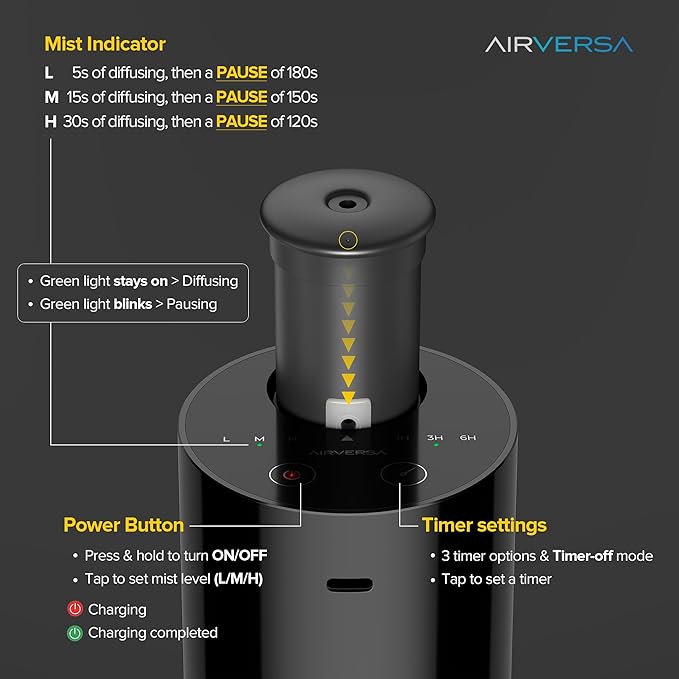 Waterless Diffuser for Essential Oil, Battery Operated Nebulizer, 0.7 Fl.Oz./ 20mL Capacity, Mini Scent Air Machine, 3 Countdown Timers & 3 Mist Levels for Home, Room, Car, Office - AN6 Cold Gray