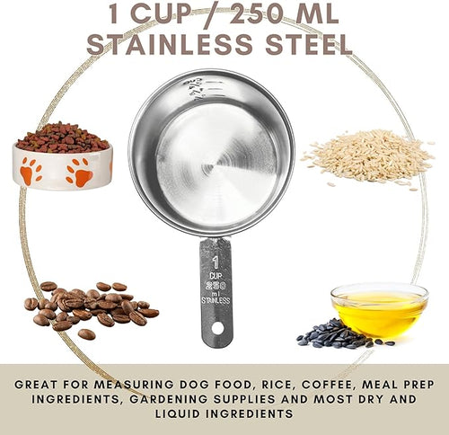 1 Cup Stainless Steel Measuring Cup | Sturdy Metal 250 ml | 240 cc | 8 oz | Single Cup for Wet and Dry Ingredients | Great for use as 1 Cup Dog Food Scoop - 1 PK