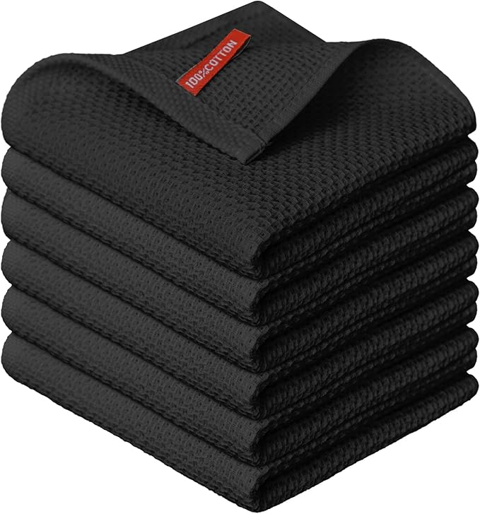 Artoid Mode 100% Cotton Black Waffle Weave Kitchen Dish Cloths, 12x12 Inch Ultra Soft Absorbent Quick Drying Kitchen Dish Towels Set of 6