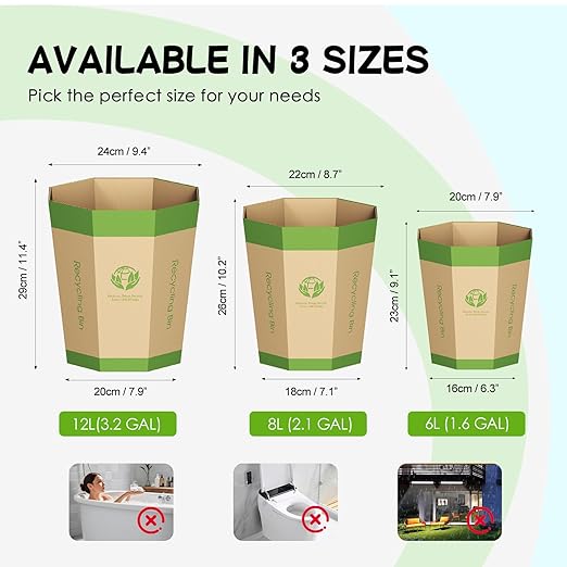 6-Pack Cardboard Trash Can – Foldable, Recyclable, Plastic-Free & Reusable Small Waste Paper Basket - Garbage Bin Perfect for Office, Bedrooms, Home, Events & Outdoor Activities (2.1 Gallon)