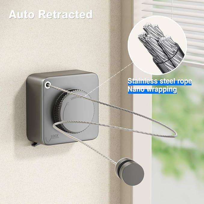 Retractable Clothesline Indoor, Non-Sagging Outdoor Clothes Line Retracting Heavy Duty Clothes Drying Laundry Line Wall Mounted Stainless Steel Line-15.1 Feets(Square-Gray)