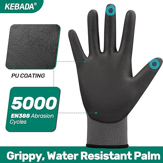 Kebada W1 Work Gloves for Men and Women, PU Coated Safety Gloves with Grip, Touchscreen, Ideal for Warehouse Package Handling, Construction, Gardening, 12 Pairs Gray XXL