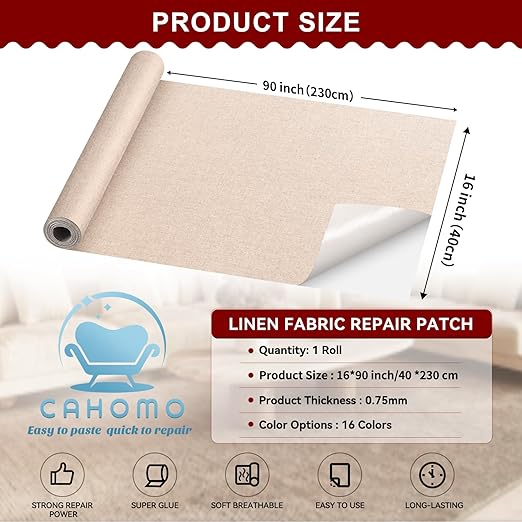 Linen Repair Tape 16x90 inch, Self Adhesive Fabric Patches, Linen Patch Tape Kit, Fabric Repair Tape for Couch Sofas, Headboards, Chairs, Pillows, Curtains, Couches - Light Brown