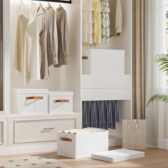 Fabric Storage Bins, Clothes Boxes for Shelves with Lids, Baskets for Organizing with Handles, Decorative Linen Closet Organizers, White, 3 Pack, 15 x 9.8 x 8.3 Inch
