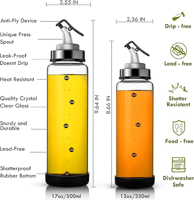 Glass Olive Oil Dispenser Bottle with Leakproof Pourer Spout and Shatterproof Rubber Bottom, Cooking Oil Dispenser Bottle for Kitchen 17 oz Heat Resistant Olive Oil Bottle
