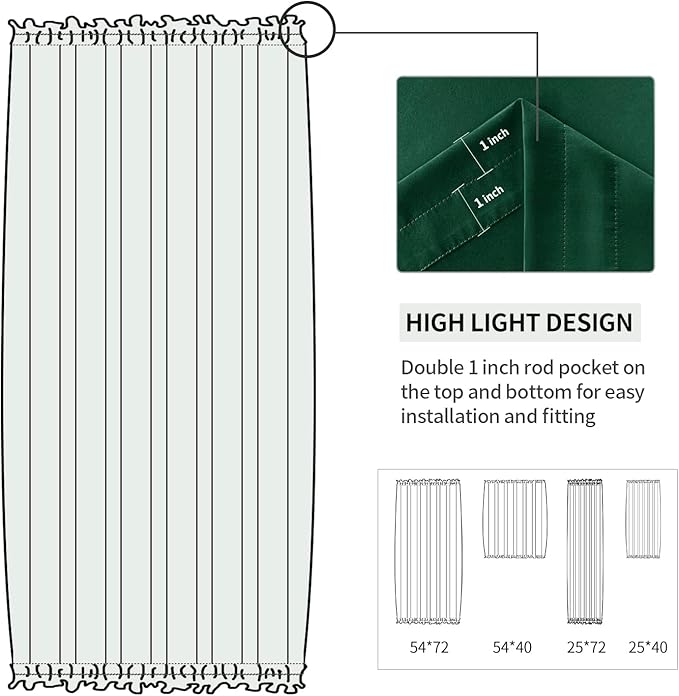 DWCN French Door Curtains – Rod Pocket Thermal Blackout Curtain for Doors with Glass Window, Kitchen and Patio Doors for Privacy, 25 X 72 Inches Long, 1 Curtain Panel with Tieback,Hunter Green