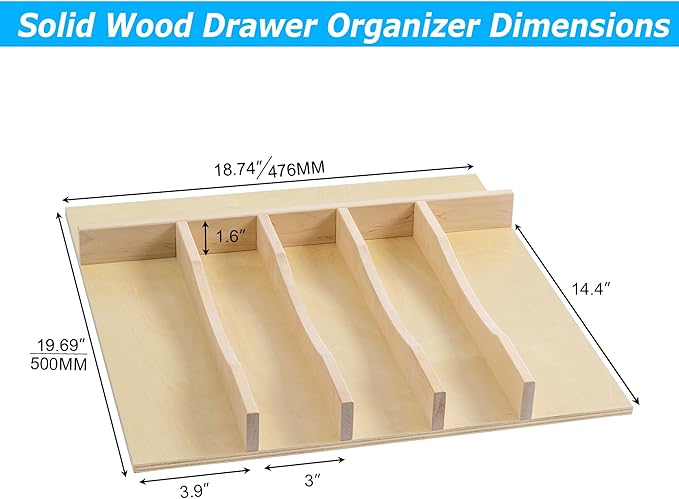 WelFurGeer Solid Birch Wood Silverware Drawer Organizer, Wooden Cutlery Drawer Organizer, Utensil Tray for Kitchen Drawers, Kitchen Utensil Organizer for Silverware, Flatware, Spoons, Forks, Knives