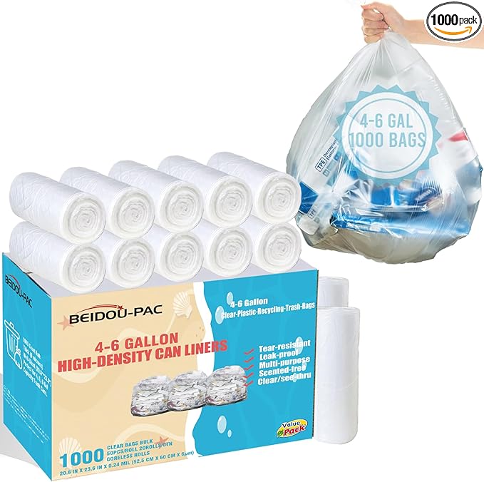 4-6 Gallon Trash Bags, 1000 Count Bulk Value Pack, Clear Plastic Recycling Bags, Multi-purpose Garbage Bags for Business Home Bathroom Kitchen Commercial and Industrial