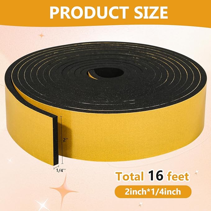 Weather Stripping Seal (2 Inch X 1/4 Inch) for Door Window, 16Feet High Density Foam Tape, Soundproofing, Insulation Strip, Door Sealers for Door Frame- Black