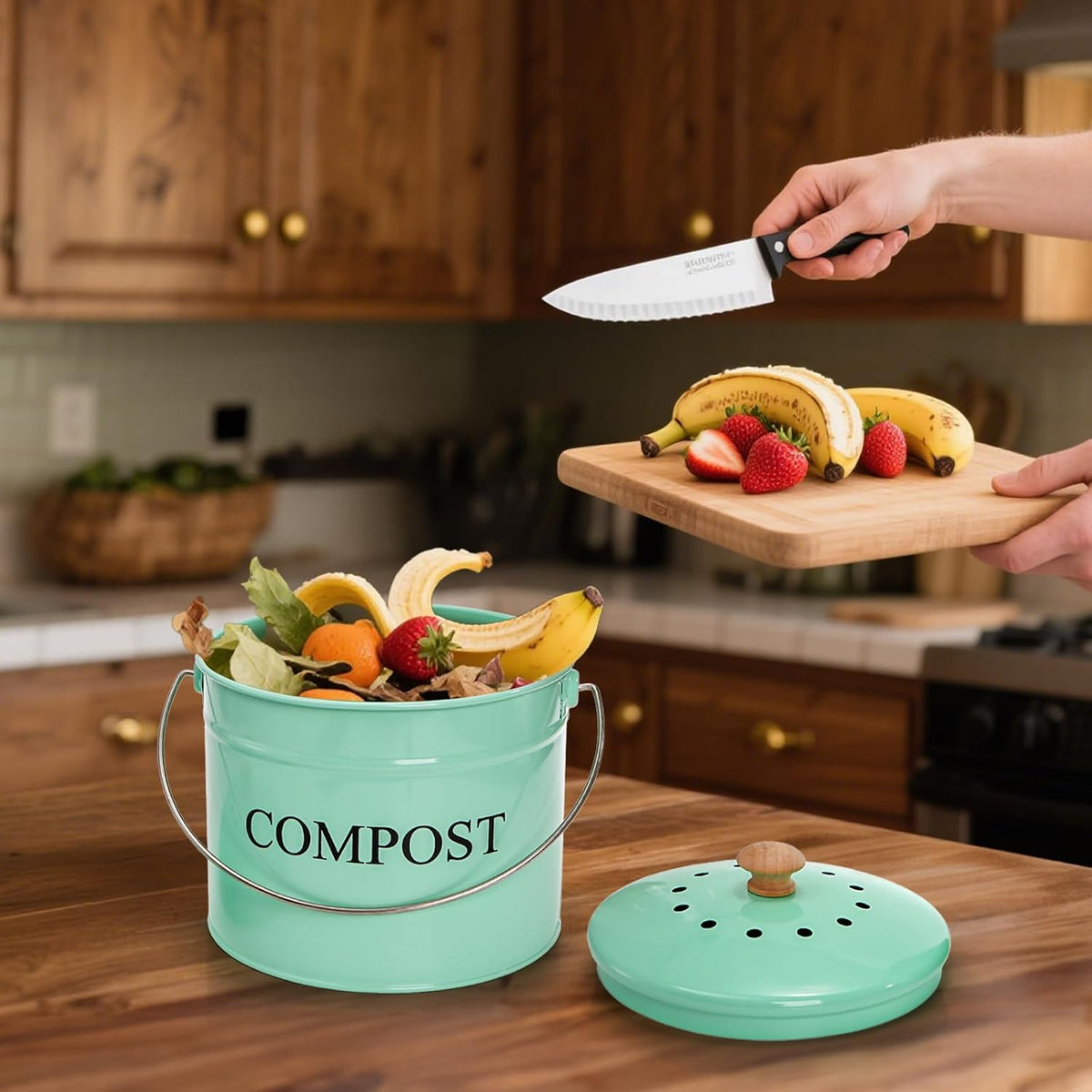 AVLA Kitchen Compost Bin, 1 Gallon Countertop Food Waste Container, Odorless Composter Bucket with Lid and Charcoal Filter, Indoor Metal Composting Pail, Mint Green