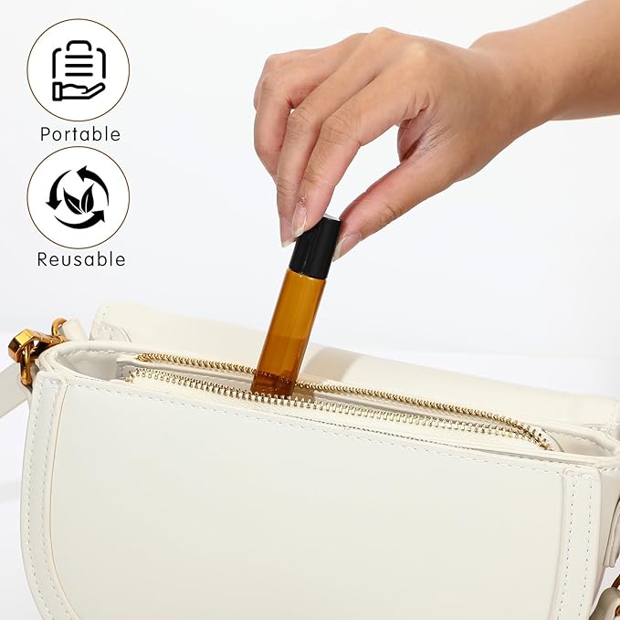 10pcs Amber Essential Oil Roller Bottles, 10ml Roller Bottles for Essential Oils, Refillable Roller Balls for Essential Oils, with Stainless Steel Roller Balls, 2 Droppers for Travel, Perfume and Lip