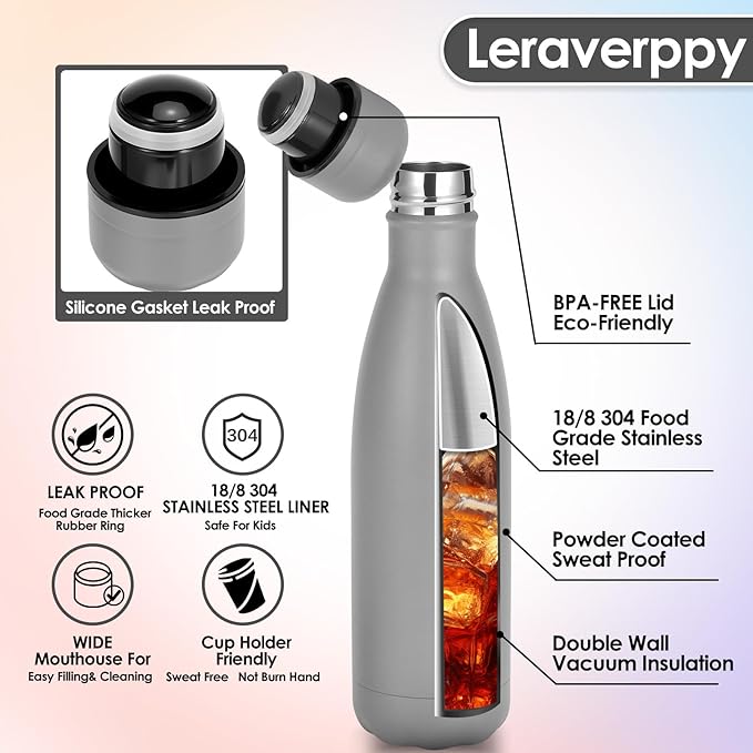 17oz Cola-Bottle Shaped Stainless Steel Leak-proof Water Bottle,Double Wall Vacuum Insulated Metal,Travel Mug For Sports Indoors & Outdoors,BPA-Free School Kids Flasks,Gray(1Pack)