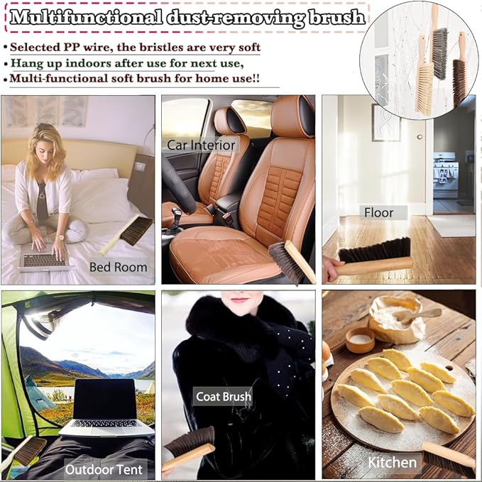Hand Broom Beech Wood Brush,Dust Brush,Duster for Counter,12inch Foxtail Bench Brush, Round Handle Handheld Brushes,5 Rows Soft Bristles for Bed,Shop Table,Woodworking Cleaning,Car,Sofa,Furniture