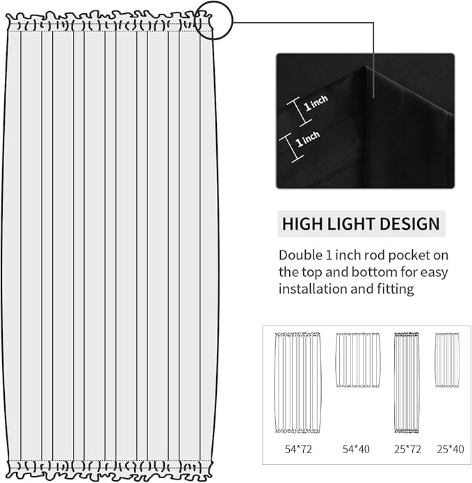 DWCN French Door Curtains – Rod Pocket Thermal Blackout Curtain for Doors with Glass Window, Kitchen and Patio Doors for Privacy, 54 X 72 Inches Long, 1 Curtain Panel with Tieback, Black