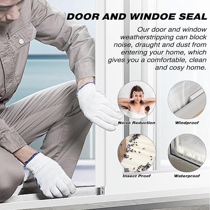 3Pcs×196" Wedge Weather Stripping Door Seal Strip for Door Frame & Window,Self Adhesive Window Insulation Draft Stopper Seal for Winter,Gray Foam Door Gap Filler for Soundproofing Light Blocker,White
