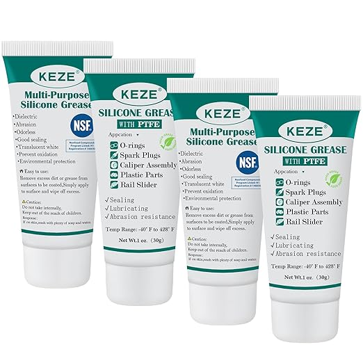 KEZE Silicone Grease Tube PTFE Synthetic Lubricant Sliding Door Grease Automotive Lubrication RV Toilet Seal Lubricant for Plumbing Faucet O Rings Plastic Parts Rubber Seal 1 oz 4-Tube