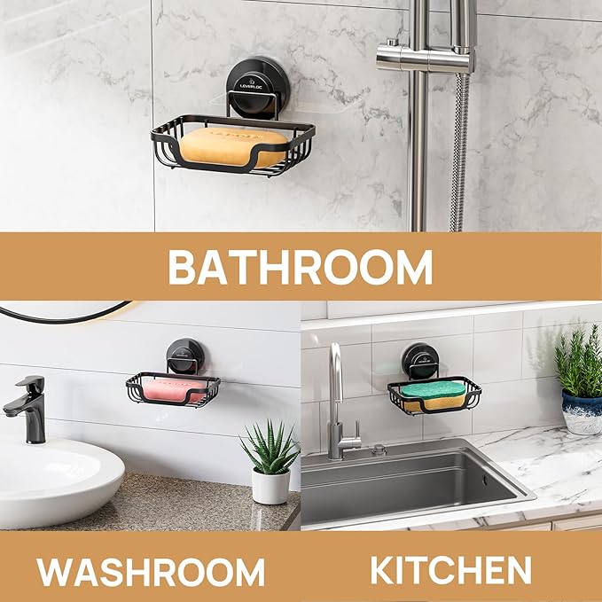 LEVERLOC Soap Dish, Soap Bar Holder for Shower Suction Cup Wall Mounted, Stainless Steel No-Drilling Removable Waterproof Sponge Holder for Bathroom Bathtub Kitchen Sink, Keep Dry, Black