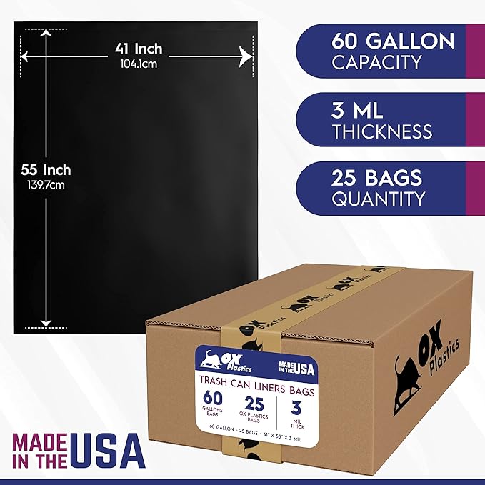 Ox Plastics 60 Gallon Trash Can Liners Bags - (25 Count) & 3mil Thick Extra Heavy Duty Strength - Large Garbage, Leak-Proof & Durable Bags