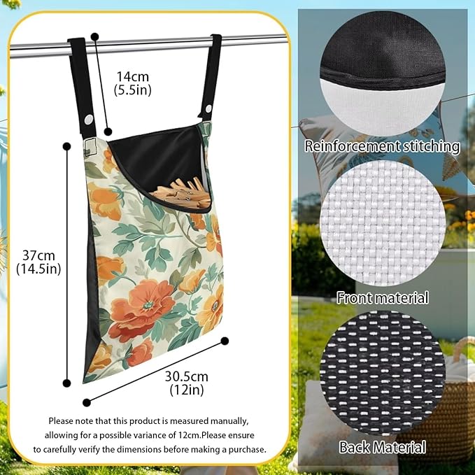 Art Flower Clothespin Bag Clothes Pin Hanging Bag Clothespin Bag with Hanging Hook 12 x 14.6 Inch Laundry Clothes Pin Holder Waterproof Clothes Pin Hanging Bag Clothespin Storage