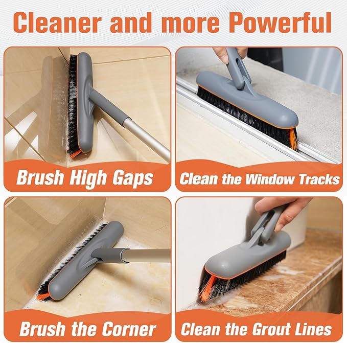 Eazer Grout Brush with Long Handle, 180°Rotation Tile Grout Cleaning Brush, V-Shape Shower Scrubber Cleaner, Stiff Bristle for Cleaning Bathroom Tile Floors - 53in