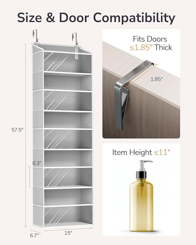 ULG 1-Pack Over Door Organizer with 5 Large Pockets 10 Mesh Side Pockets, 44 lbs Weight Capacity Hanging Storage Organizer with Clear Window for Bedroom Bathroom Kitchen, RV, Camper, Clear Grey