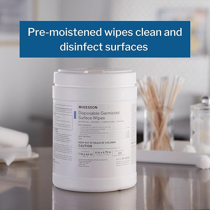 McKesson Germicidal Wipes [800 Count] Disinfecting Wipes, Alcohol Cleaning Disinfectant Wipes, Hospital Grade Multi-Surface Wipes, 160 Wipes, 5 Pack