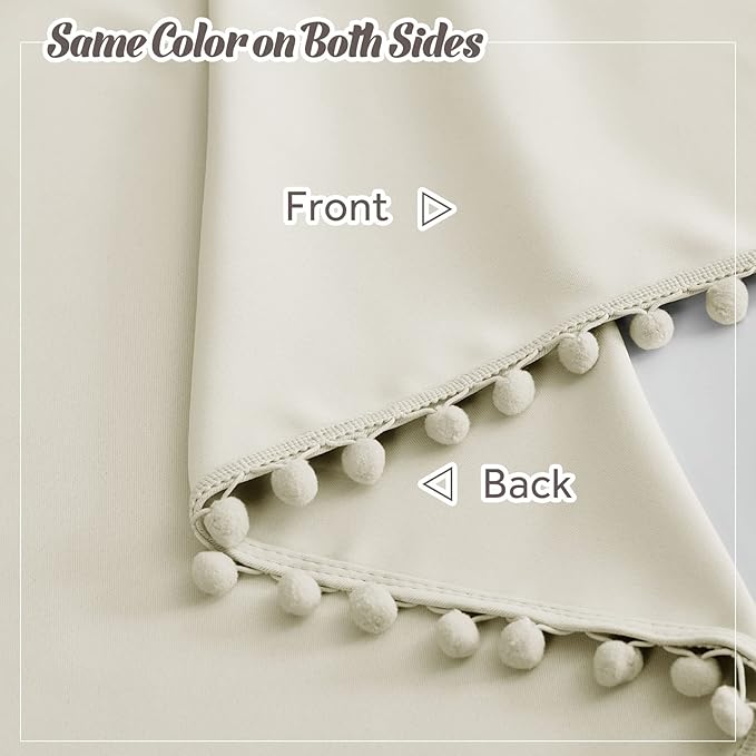 RYB HOME Bedroom Curtains 84 Inches Long Kids Curtains Blackout Window Drapes with Pom Pom Balls Lights & Heat Blocking Drapes for Girls Boys Kitchen Farmhouse, Beige, W52 x L84, Set of 2