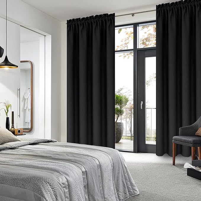 DWCN Blackout Curtains for Bedroom - Thermal Insulated Privacy Energy Saving Rod Pocket Drapes for Living Room, W 38 x L 72 Inch, Black, Set of 2
