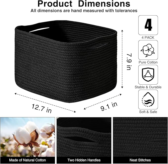 Small Storage Baskets for Organizing Shelves, Cotton Rope Basket for Storage, Cute Rectangular Book Toy Bins, 12.7"×9.1"×7.9", 4 Packs, Black