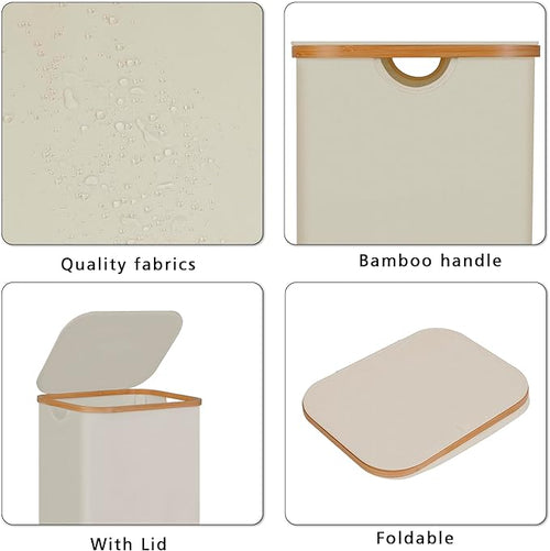 100L Laundry Hamper with Lid, Lagre Basket with Bamboo Handles,Foldable Clothes Hamper Tall Dirty Laundry Basket for Clothes Toys Towels Organizing,Pink