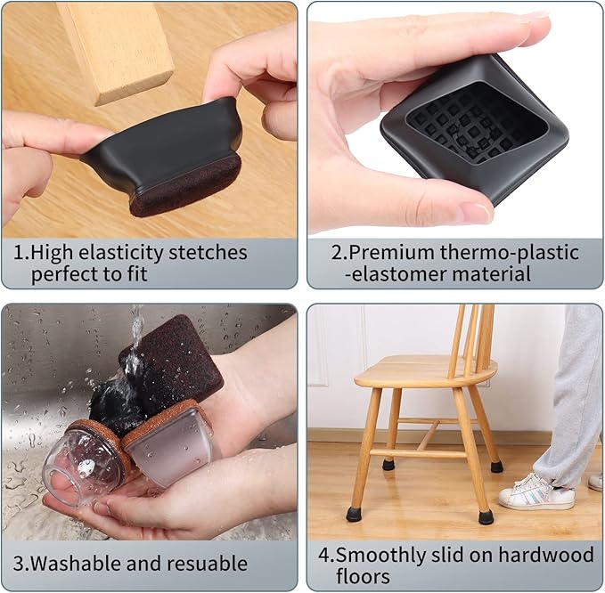 Ezprotekt 8 Pcs Extra Large Square Chair Leg Floor Protectors, Silicone Felt Furniture Pads for Hardwood Floor, Dining Table Bar Stool Leg Protectors Leg Cups Covers (XL Fit: 1.5" - 2", Black)