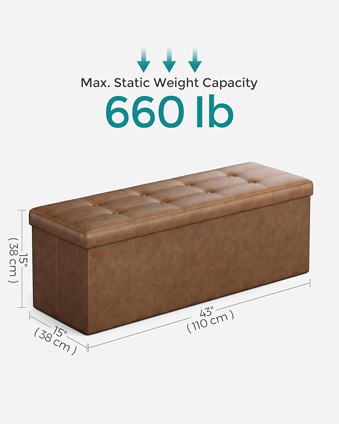 SONGMICS Mazie Collection - 43 Inches Folding Storage Ottoman Bench, Ottoman with Storage, Foot Rest Stool, Load 660 lb, Living Room, Bedroom, Entryway, Synthetic Leather, Coffee Brown ULSF070K01